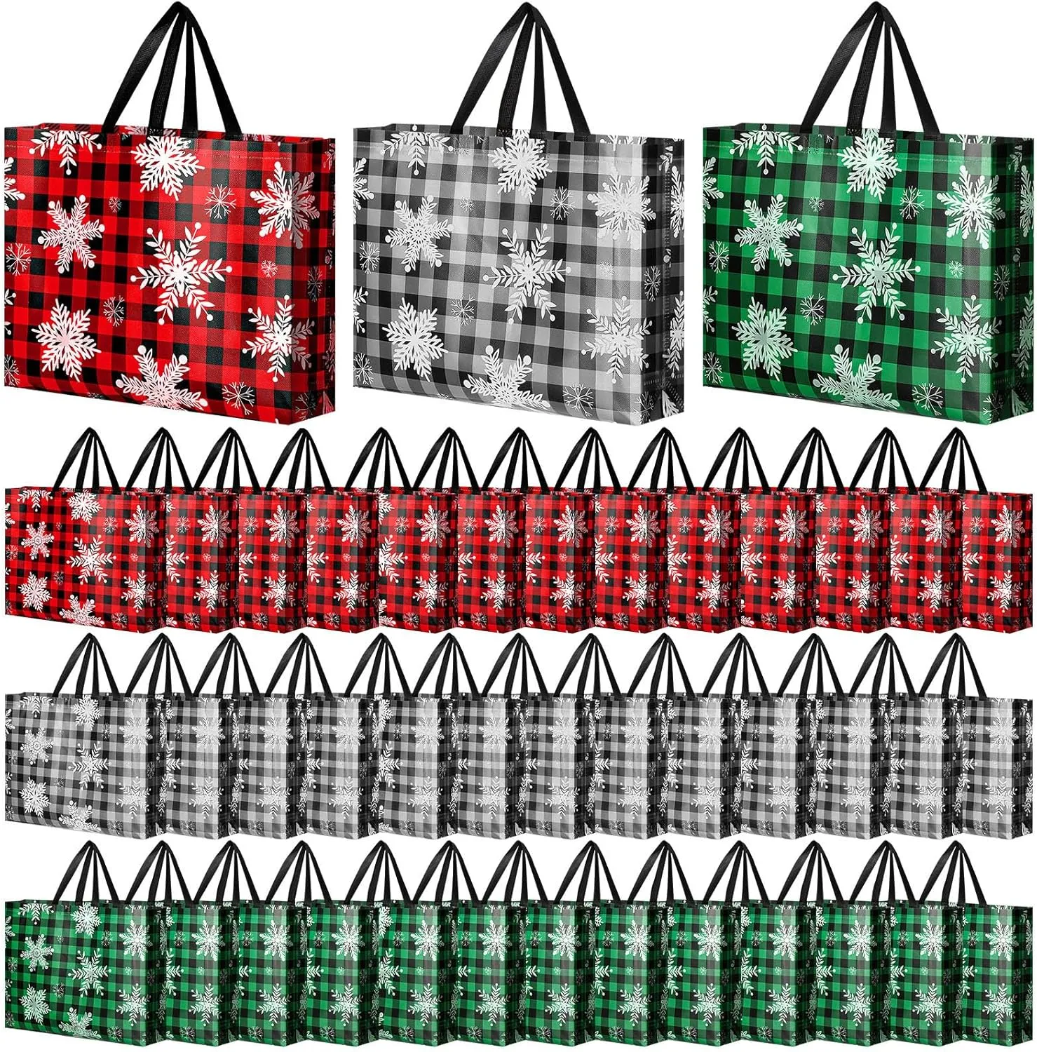 Abbylike 36 Pcs Reusable Christmas Large Gift Bags Bulk Xmas Holiday Plaid Tote Shopping Bags with Handles