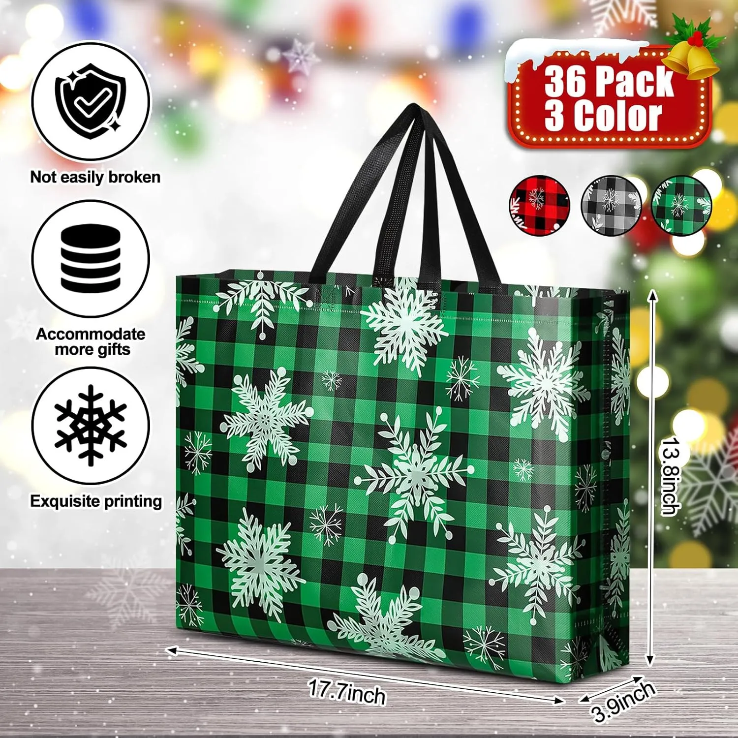 Abbylike 36 Pcs Reusable Christmas Large Gift Bags Bulk Xmas Holiday Plaid Tote Shopping Bags with Handles