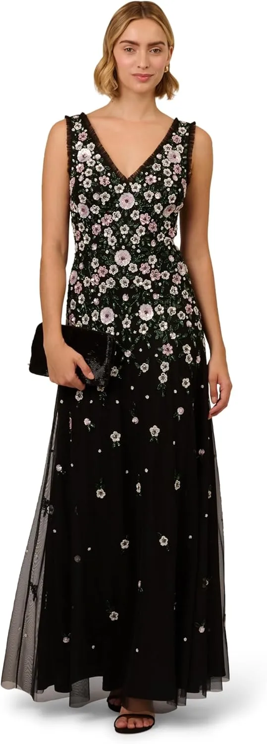 Adrianna Papell Women's Beaded Mesh Long Dress