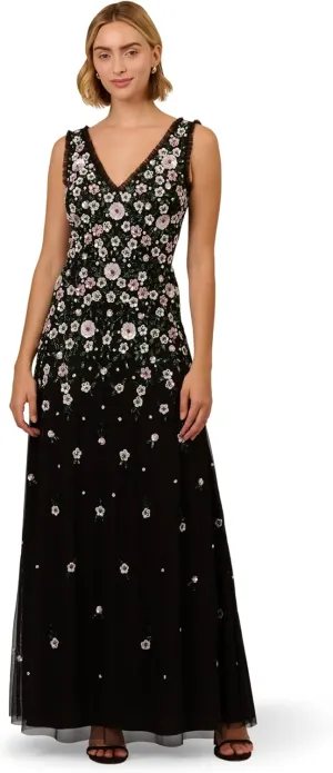 Adrianna Papell Women's Beaded Mesh Long Dress