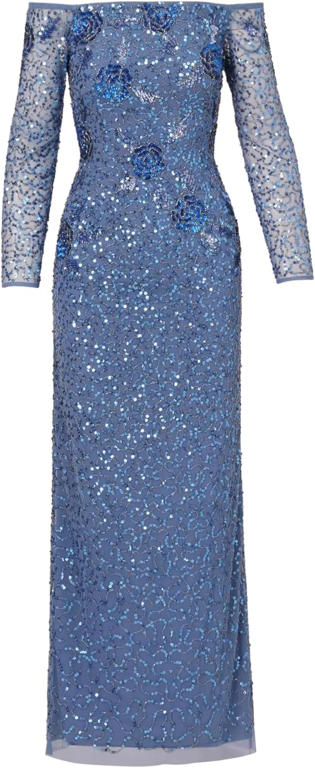 Adrianna Papell Women's Beaded Mesh Long Dress