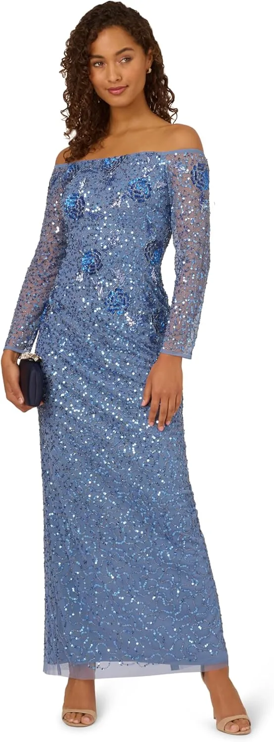 Adrianna Papell Women's Beaded Mesh Long Dress