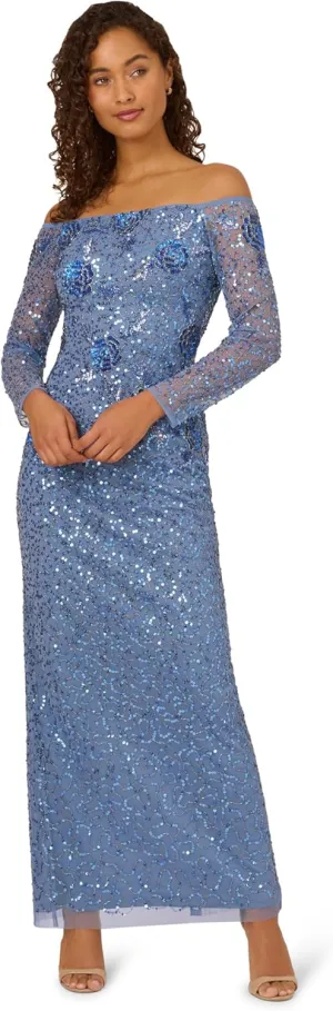Adrianna Papell Women's Beaded Mesh Long Dress