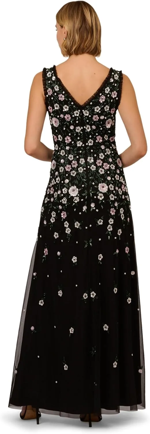 Adrianna Papell Women's Beaded Mesh Long Dress