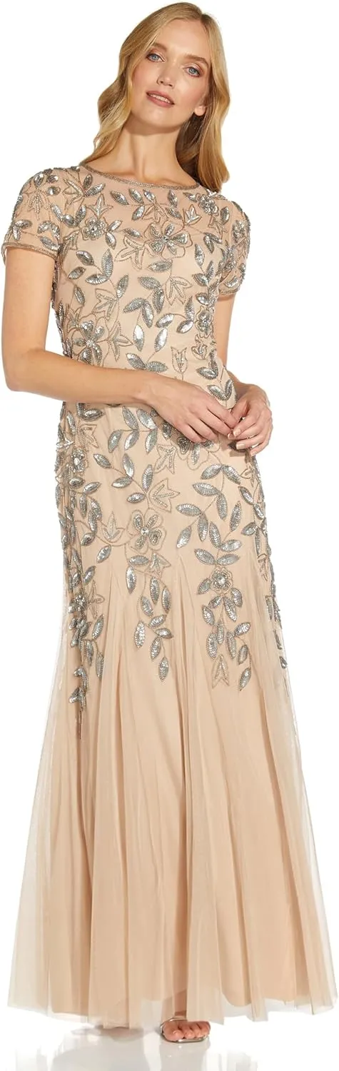 Adrianna Papell Women's Floral Beaded Godet Gown