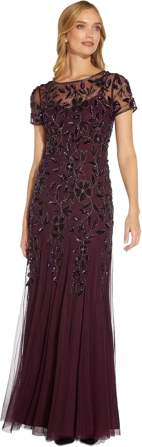 Adrianna Papell Women's Floral Beaded Godet Gown