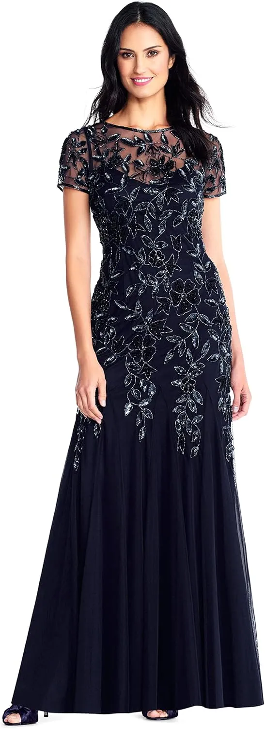 Adrianna Papell Women's Floral Beaded Godet Gown