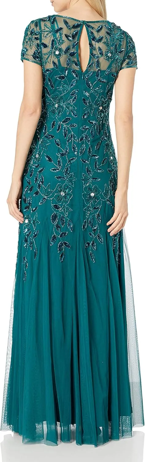Adrianna Papell Women's Floral Beaded Godet Gown