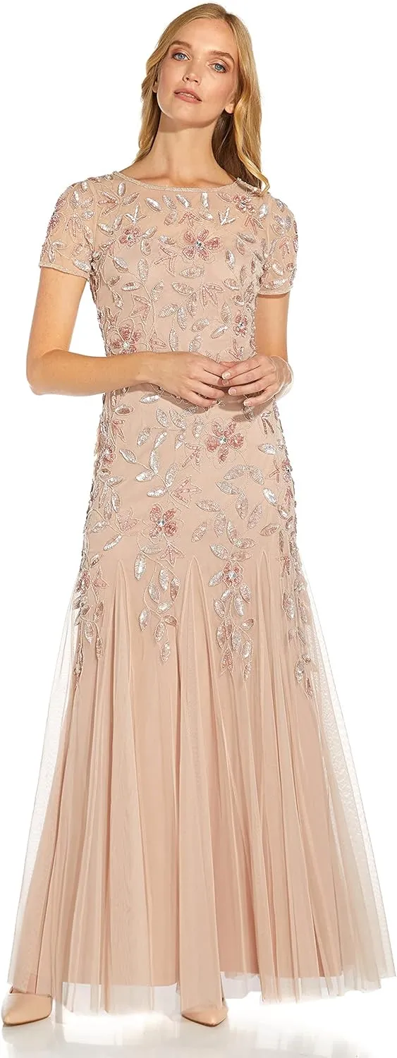 Adrianna Papell Women's Floral Beaded Godet Gown