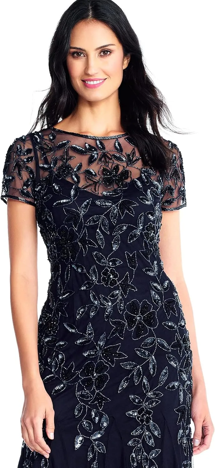 Adrianna Papell Women's Floral Beaded Godet Gown