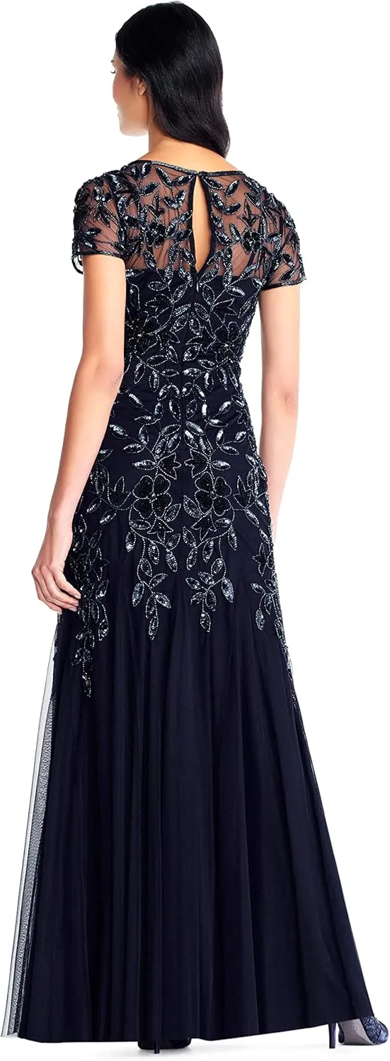 Adrianna Papell Women's Floral Beaded Godet Gown