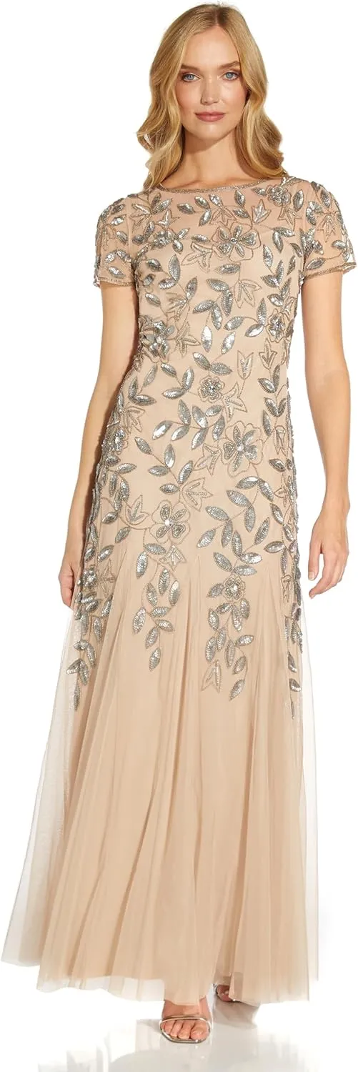 Adrianna Papell Women's Floral Beaded Godet Gown