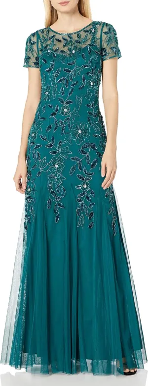 Adrianna Papell Women's Floral Beaded Godet Gown