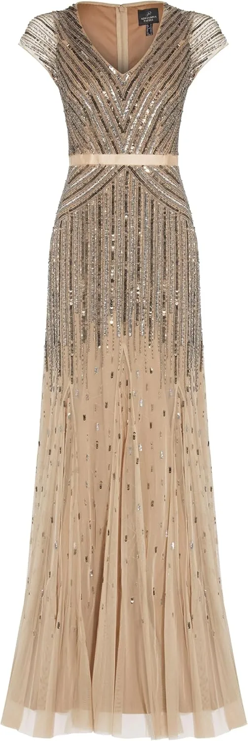 Adrianna Papell Women's Long Beaded V-Neck Dress with Cap Sleeves and Waistband