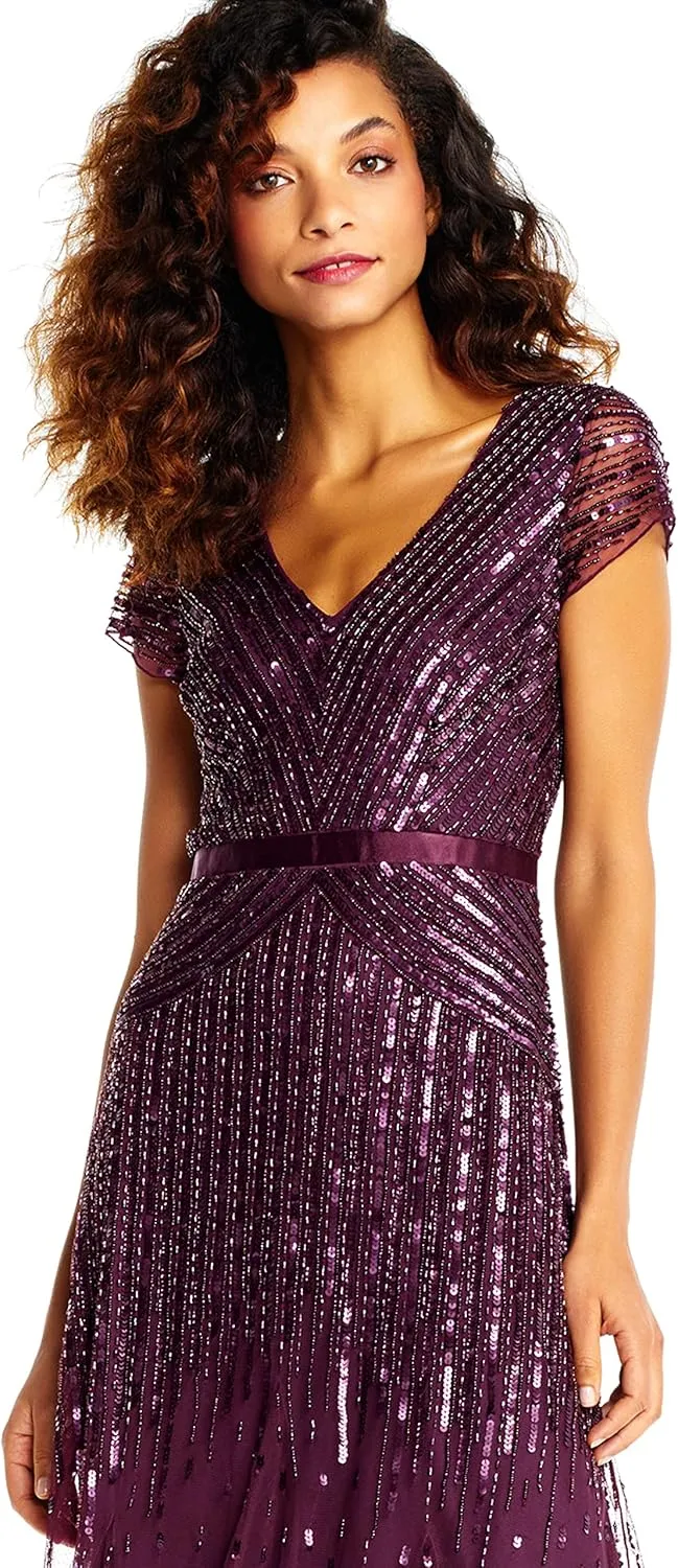 Adrianna Papell Women's Long Beaded V-Neck Dress with Cap Sleeves and Waistband