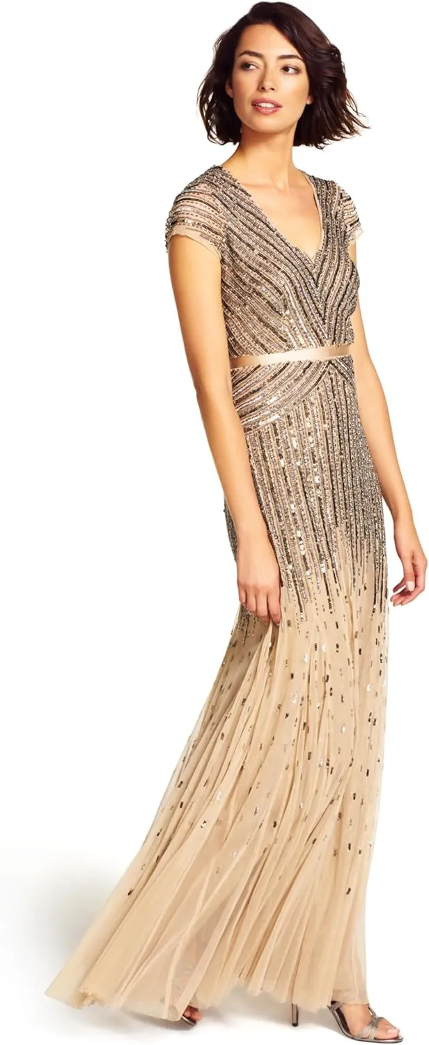 Adrianna Papell Women's Long Beaded V-Neck Dress with Cap Sleeves and Waistband