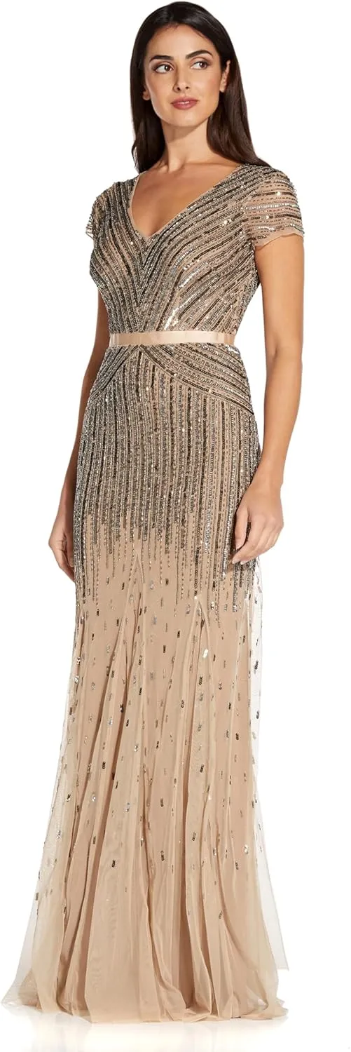 Adrianna Papell Women's Long Beaded V-Neck Dress with Cap Sleeves and Waistband