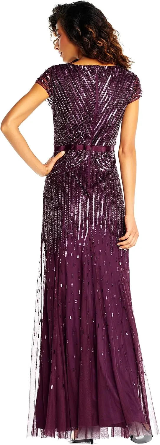 Adrianna Papell Women's Long Beaded V-Neck Dress with Cap Sleeves and Waistband