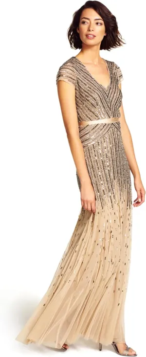 Adrianna Papell Women's Long Beaded V-Neck Dress with Cap Sleeves and Waistband