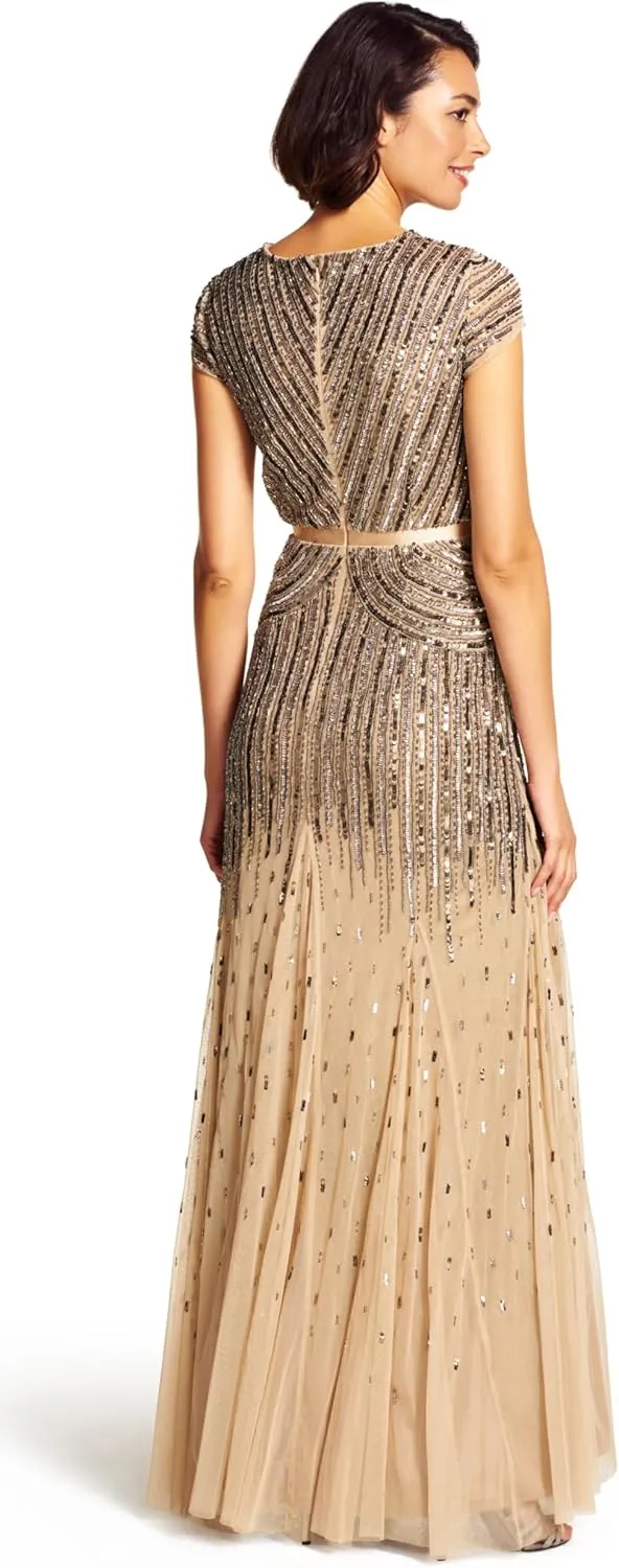 Adrianna Papell Women's Long Beaded V-Neck Dress with Cap Sleeves and Waistband