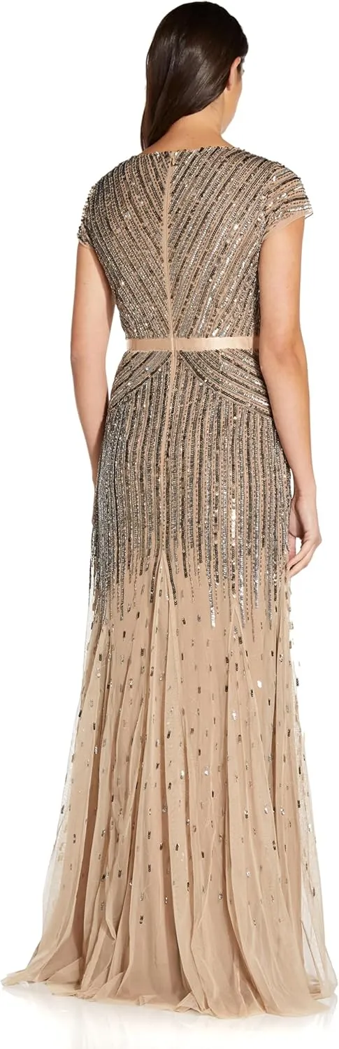 Adrianna Papell Women's Long Beaded V-Neck Dress with Cap Sleeves and Waistband