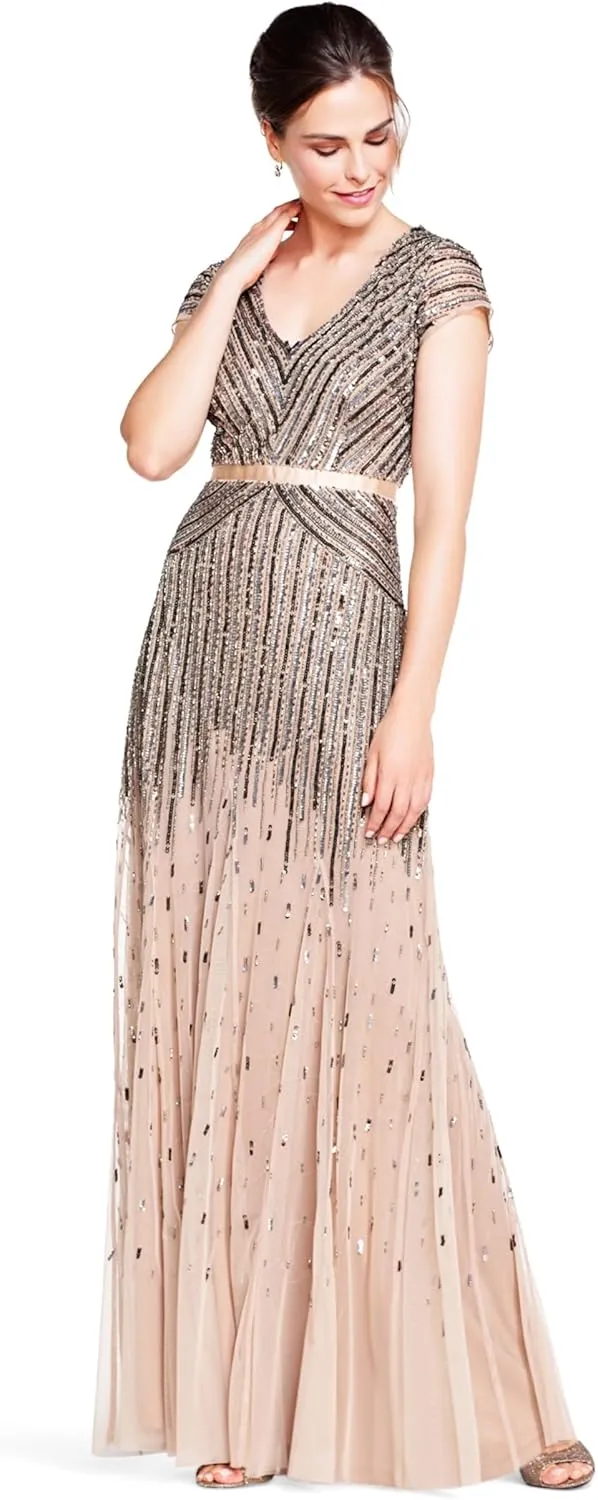 Adrianna Papell Women's Long Beaded V-Neck Dress with Cap Sleeves and Waistband