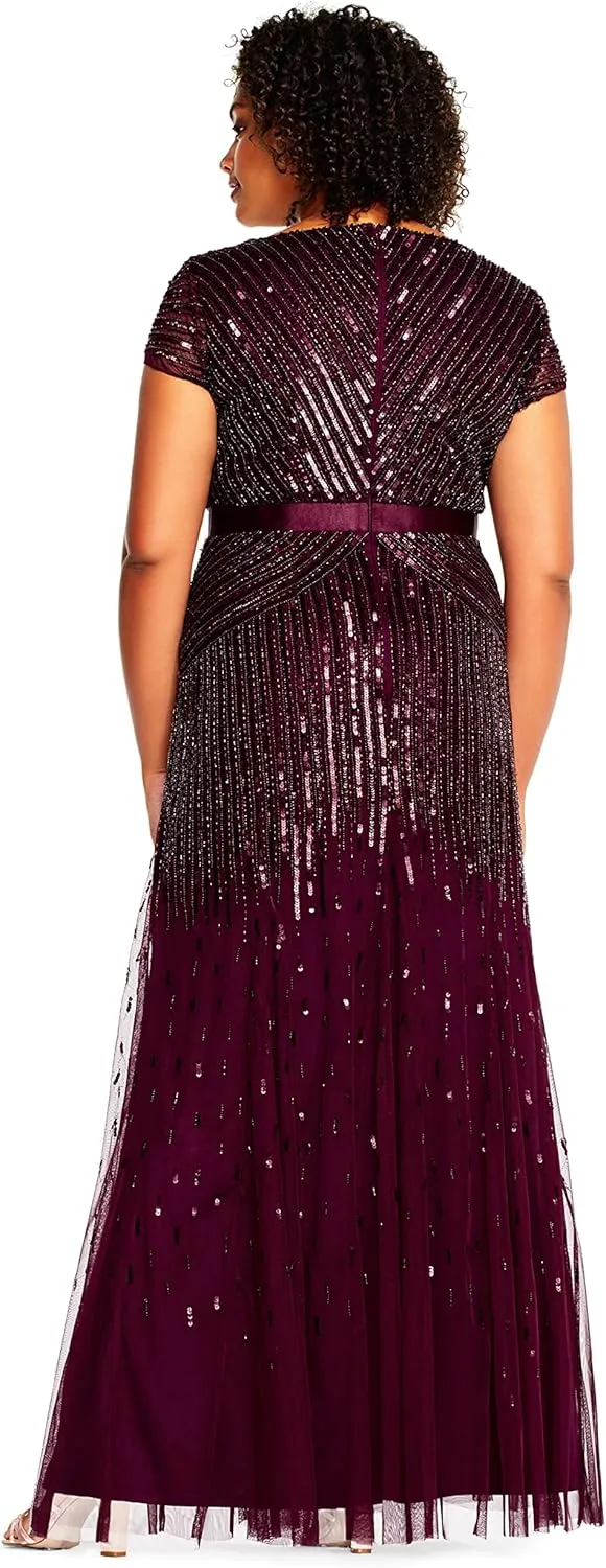 Adrianna Papell Women's Plus Size Floor Length Beaded Cap Sleeve V-Neck Dress