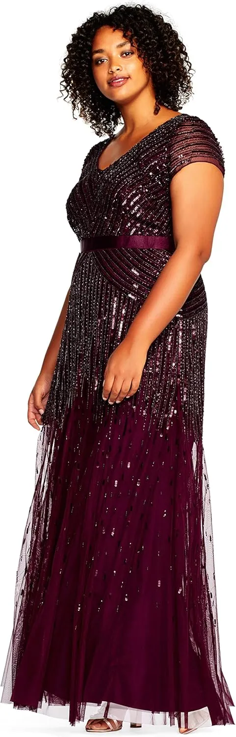Adrianna Papell Women's Plus Size Floor Length Beaded Cap Sleeve V-Neck Dress