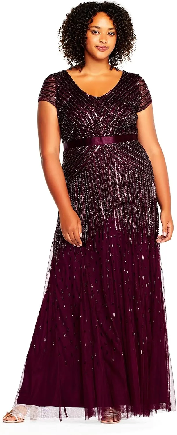 Adrianna Papell Women's Plus Size Floor Length Beaded Cap Sleeve V-Neck Dress