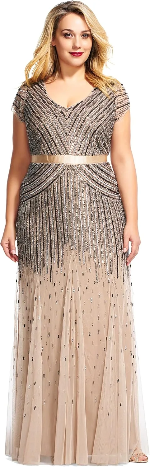 Adrianna Papell Women's Plus Size Floor Length Beaded Cap Sleeve V-Neck Dress