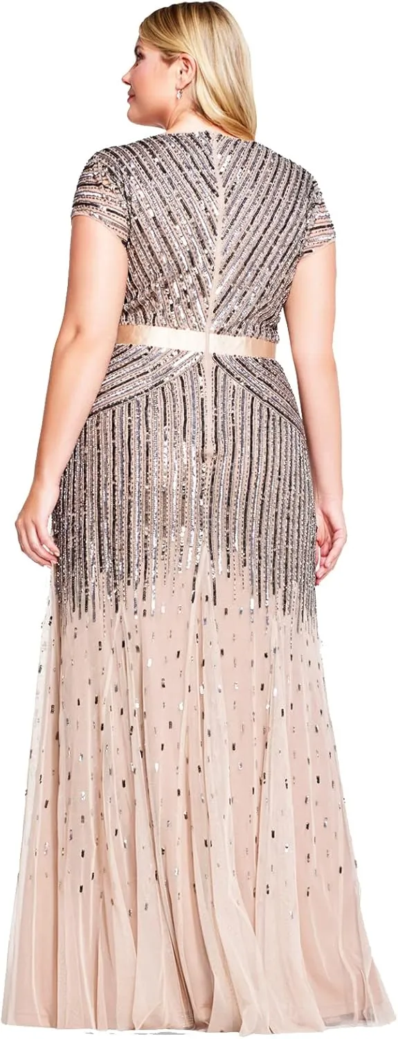 Adrianna Papell Women's Plus Size Floor Length Beaded Cap Sleeve V-Neck Dress