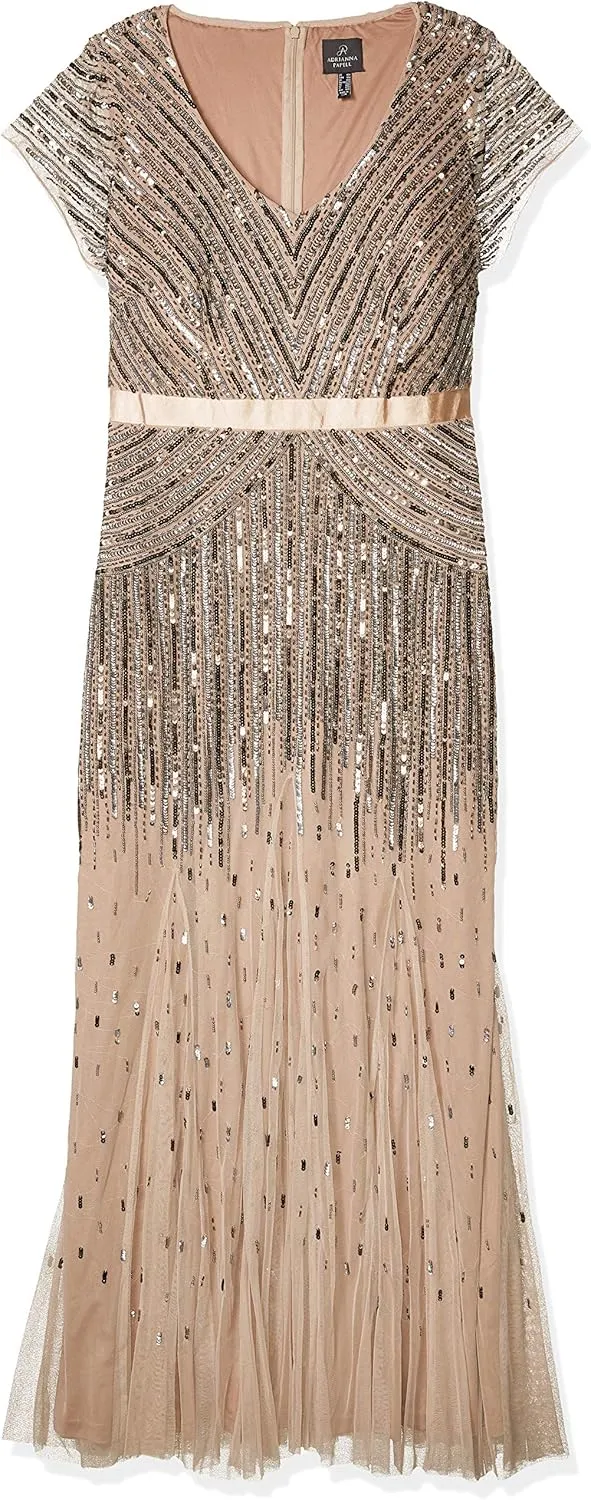 Adrianna Papell Women's Plus Size Floor Length Beaded Cap Sleeve V-Neck Dress