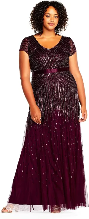 Adrianna Papell Women's Plus Size Floor Length Beaded Cap Sleeve V-Neck Dress