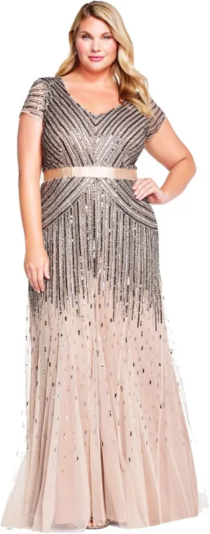 Adrianna Papell Women's Plus Size Floor Length Beaded Cap Sleeve V-Neck Dress