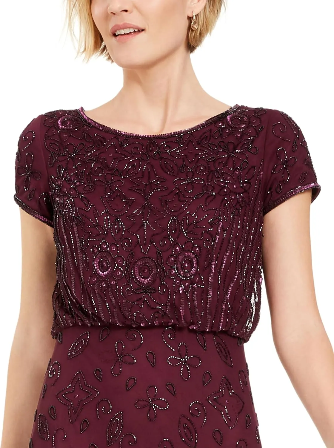 Adrianna Papell Women's Short Sleeve Beaded Gown