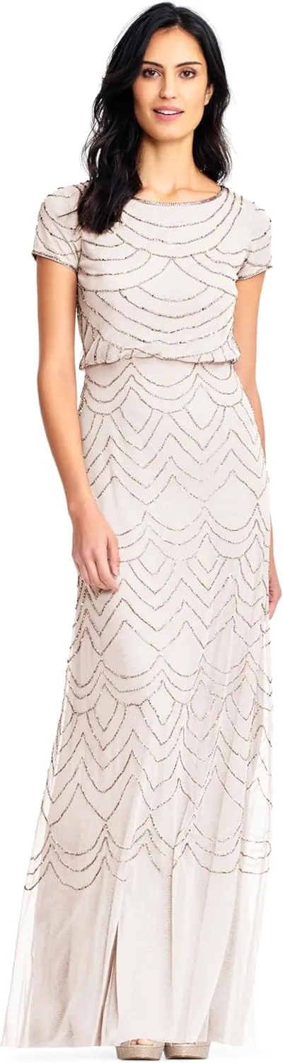 Adrianna Papell Women's Short Sleeve Blouson Beaded Gown