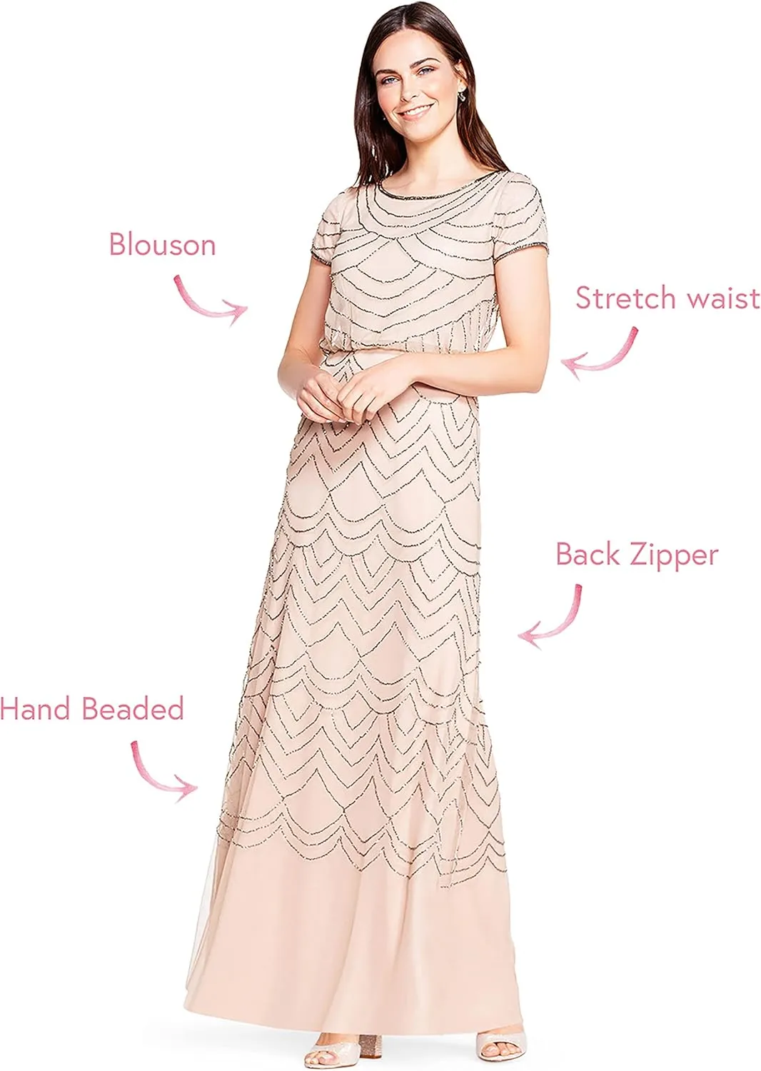 Adrianna Papell Women's Short Sleeve Blouson Beaded Gown