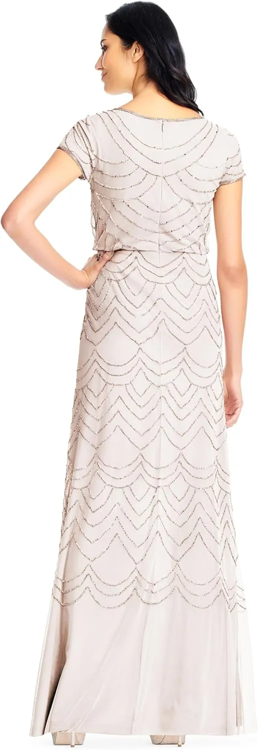 Adrianna Papell Women's Short Sleeve Blouson Beaded Gown