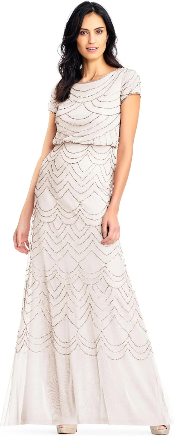 Adrianna Papell Women's Short Sleeve Blouson Beaded Gown