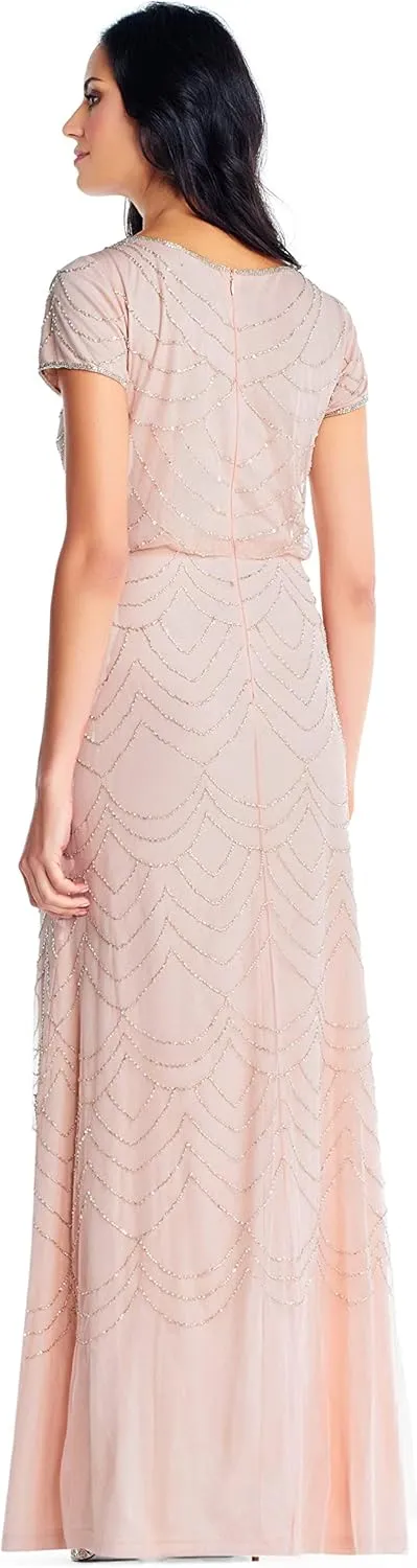 Adrianna Papell Women's Short Sleeve Blouson Beaded Gown