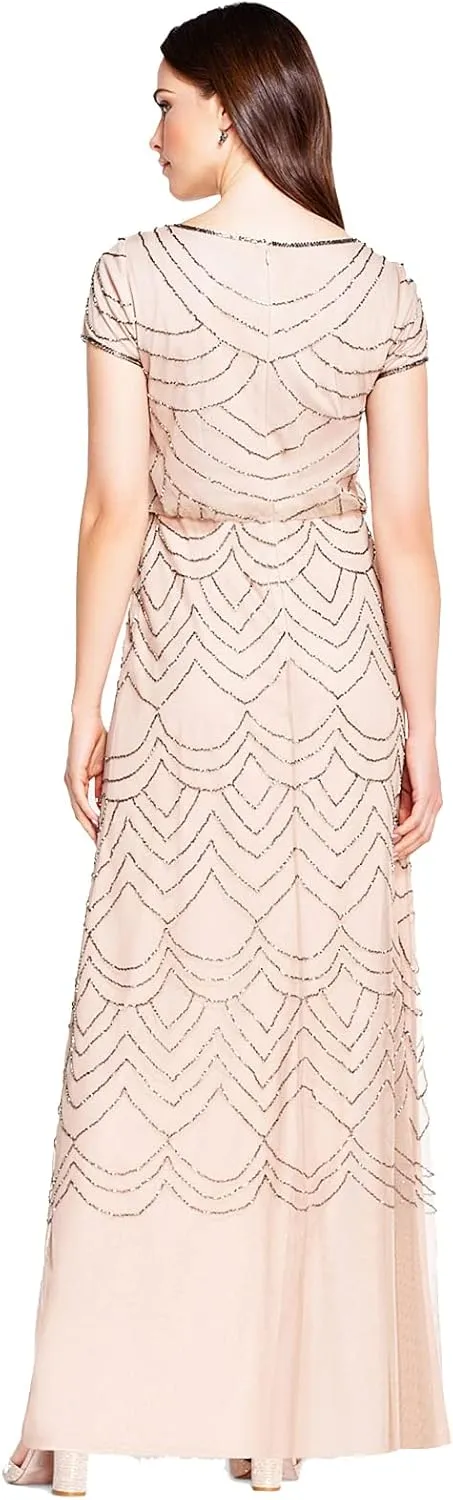Adrianna Papell Women's Short Sleeve Blouson Beaded Gown