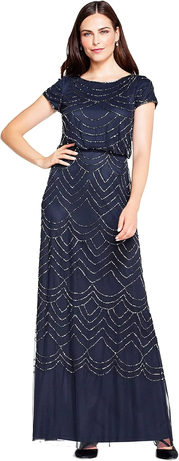 Adrianna Papell Women's Short Sleeve Blouson Beaded Gown
