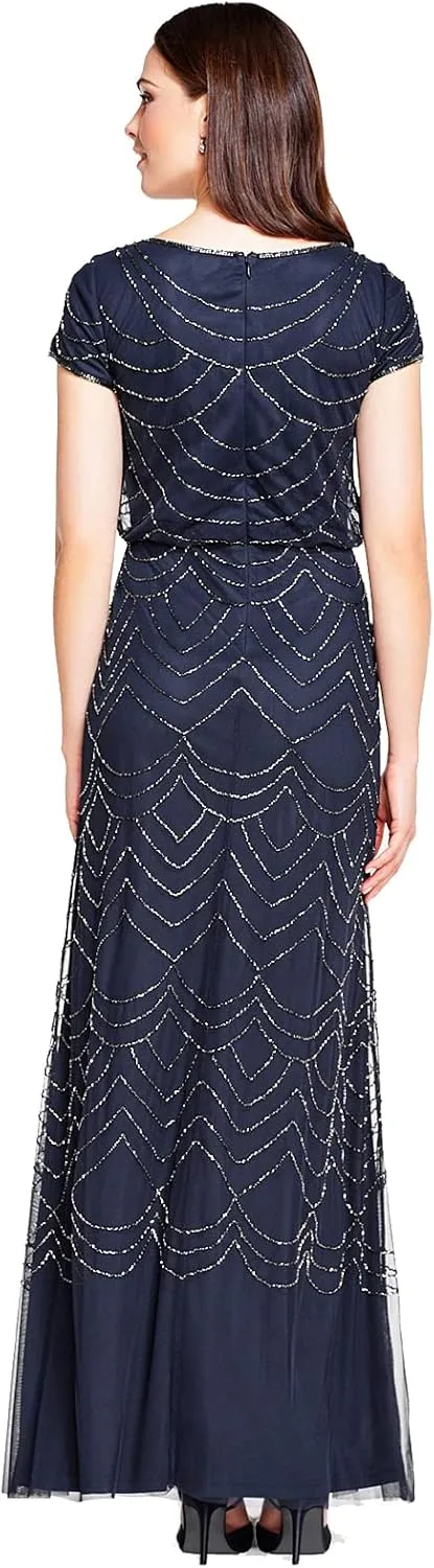 Adrianna Papell Women's Short Sleeve Blouson Beaded Gown
