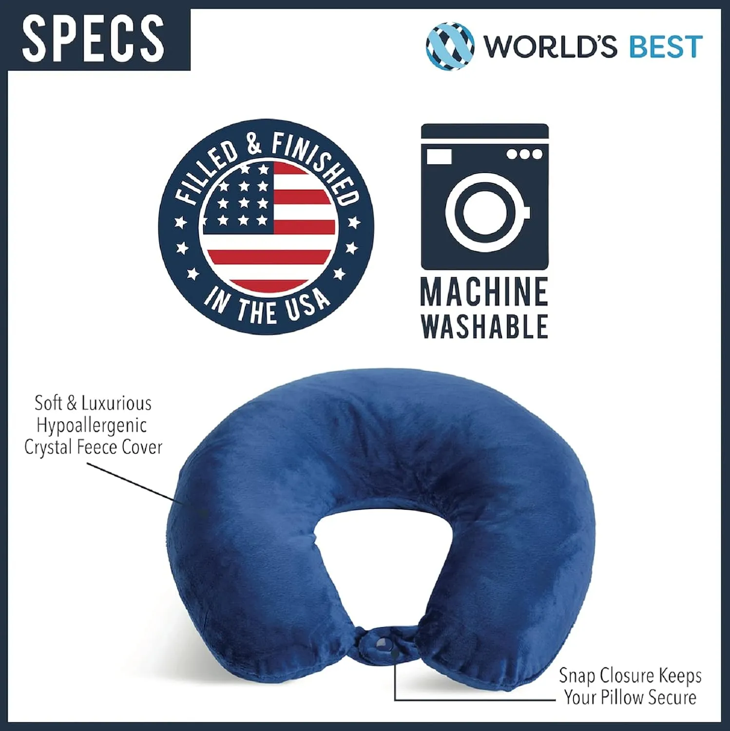 Adult Cozy Soft Microfiber Neck Pillow for Travel – Compact, Machine Washable - Perfect for Airplane, Car, or Home Use - Filled and Finished in The USA – Blue