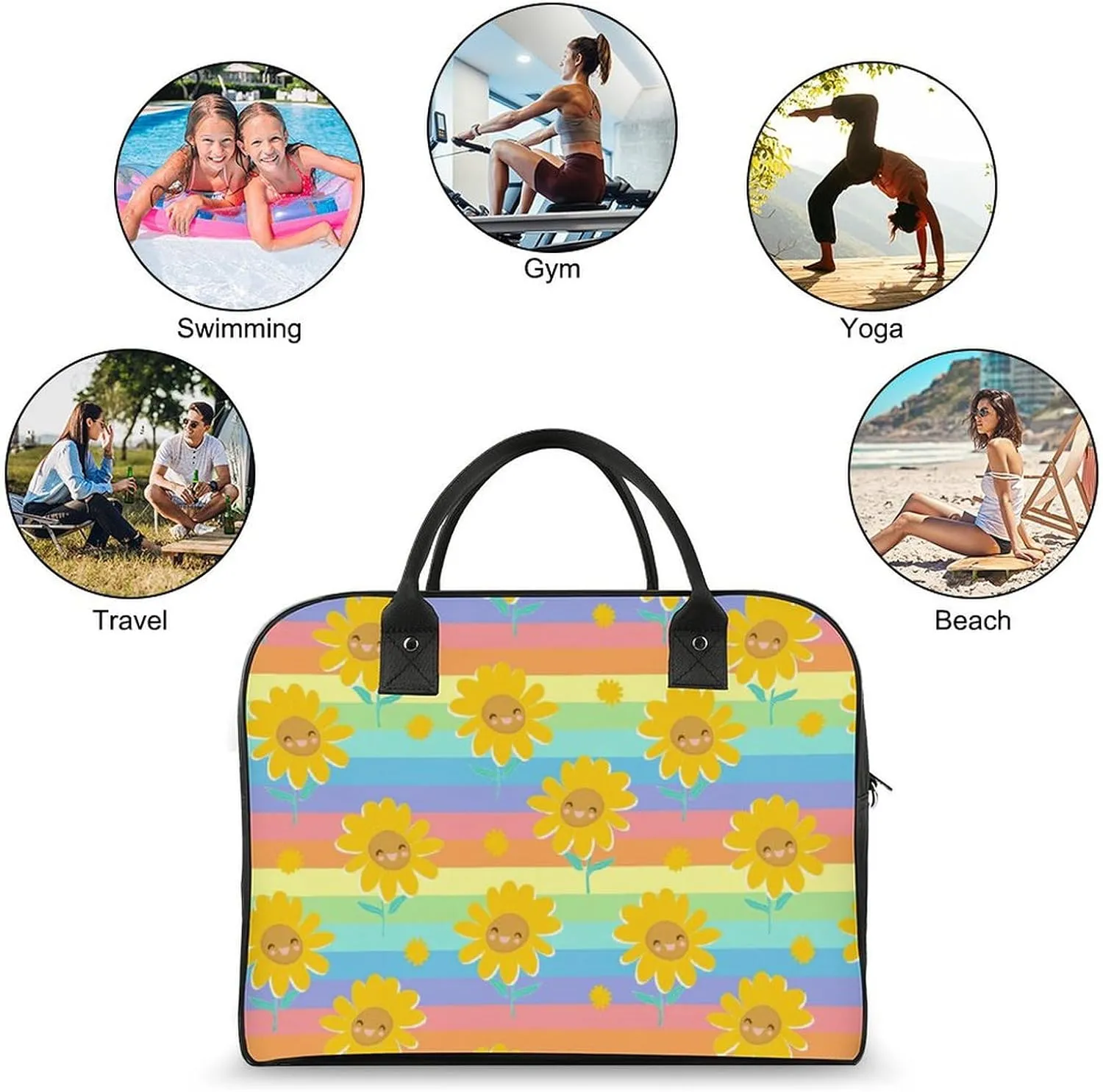 Adult Large Capacity Nylon Yellow Florals Stylish Handbag for Traveling 13" X 19" X 8"