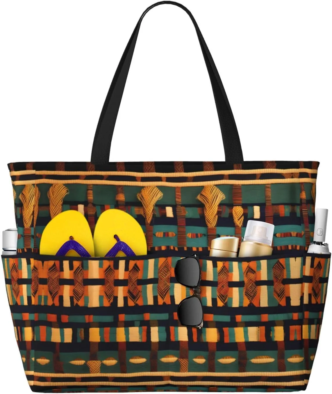 African Classic Weave Print Stylish Beach Tote Bag,Large Capacity Handbag,Perfect For Women'S Vacation And Daily Use