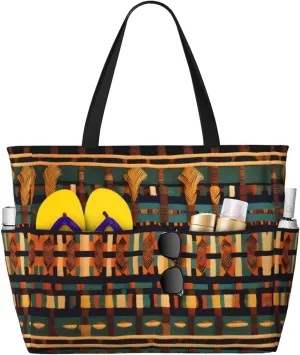 African Classic Weave Print Stylish Beach Tote Bag,Large Capacity Handbag,Perfect For Women'S Vacation And Daily Use