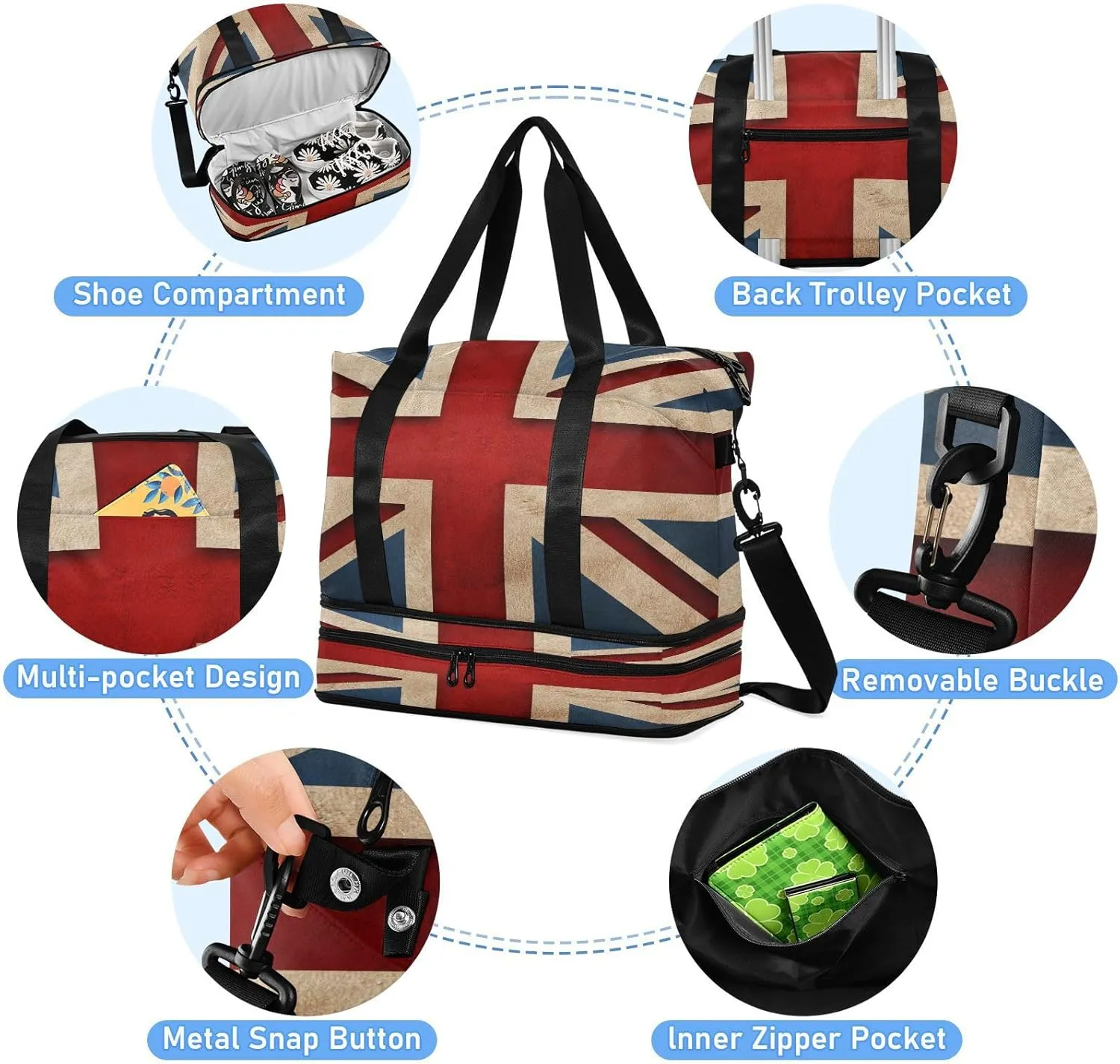 ALAZA British Flag Patriotic Travel Duffel Bag for Women Men Sports Gym Bag with Shoe Compartment Tote Weekender Overnight Bags with Wet Pocket for Travel, Gym,Yoga,Swimming