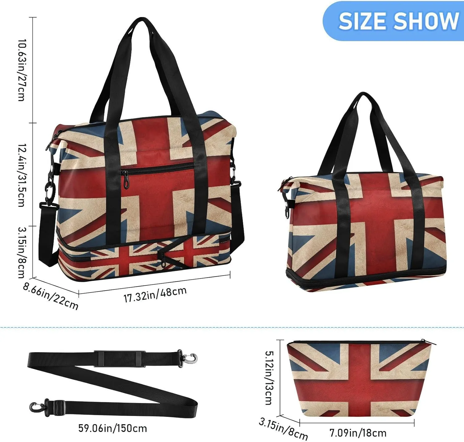 ALAZA British Flag Patriotic Travel Duffel Bag for Women Men Sports Gym Bag with Shoe Compartment Tote Weekender Overnight Bags with Wet Pocket for Travel, Gym,Yoga,Swimming