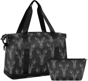 ALAZA Christmas Black Elk Travel Duffel Bag for Women Men Sports Gym Bag with Shoe Compartment Tote Weekender Overnight Bag with Wet Pocket for Travel, Gym,Yoga,Swimming